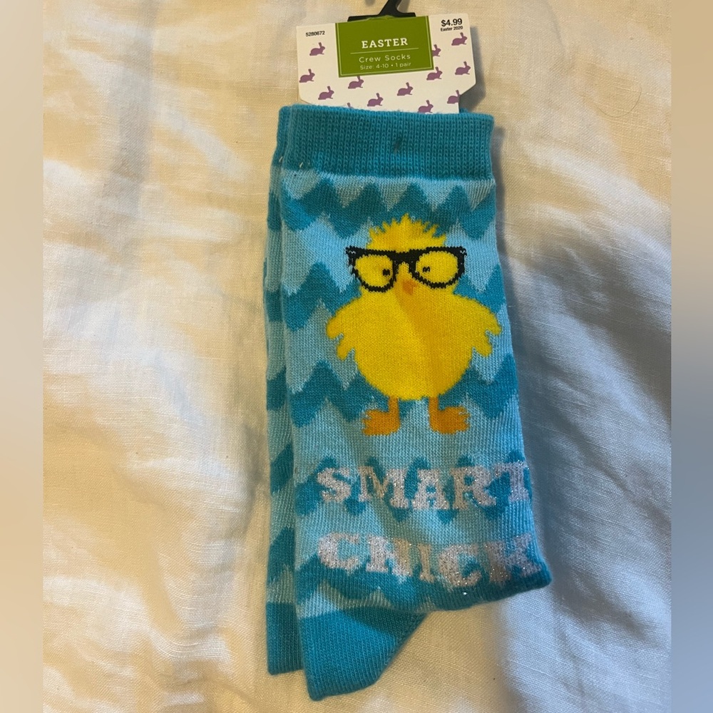 Easter 'Smart Chick' Crew Socks - Yellow Chick on Teal 🌸